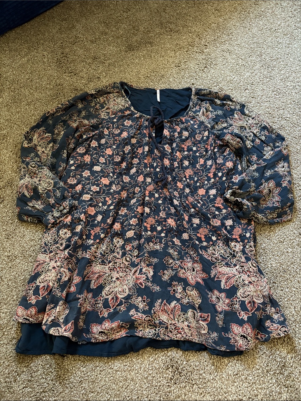 Free People Navy Floral Tie-Front Blouse